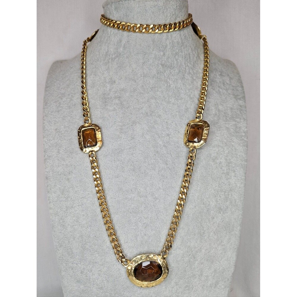 Vintage 1970s Amber Glass Station Necklace Gold Curb Link Opera Chain 32"